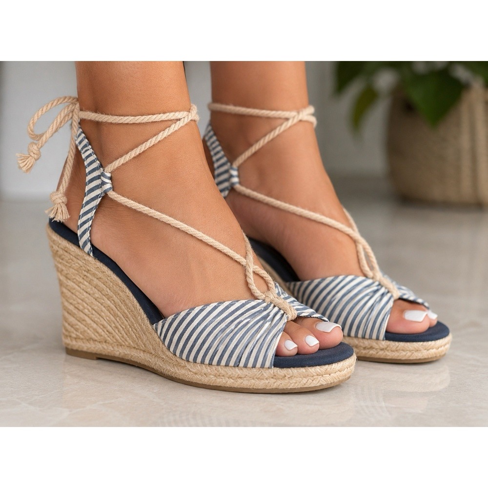American Living Women's Striped Leather Wedge Espadrille Sandals Bow US 8.5